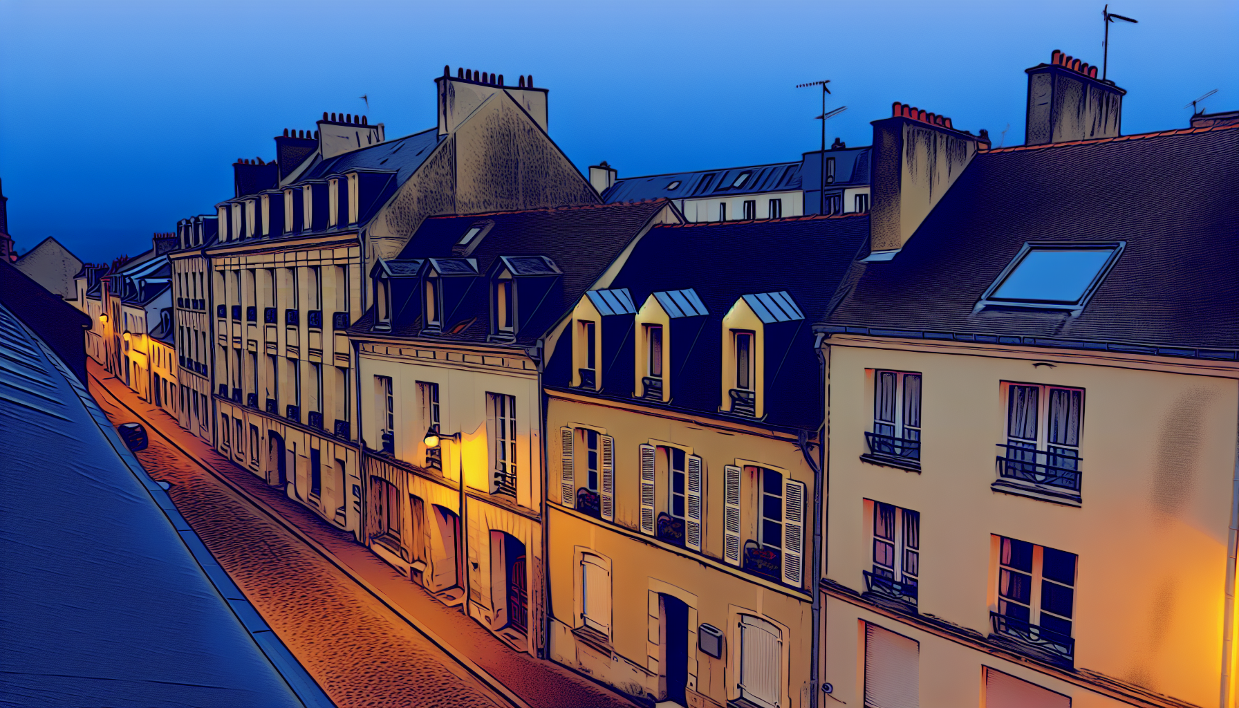 Une rangée de bâtiments avec un ciel bleu en arrière-plan