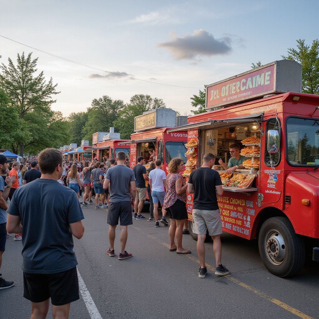 Food trucks lined up, serving customers at an outdoor event. People wait in line, red truck is prominent.