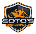 Soto’s Contracting LLC logo with orange rooftops inside a black and silver shield
