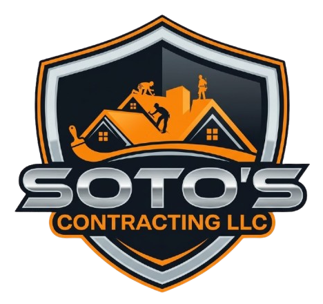Soto’s Contracting LLC logo with orange rooftops inside a black and silver shield