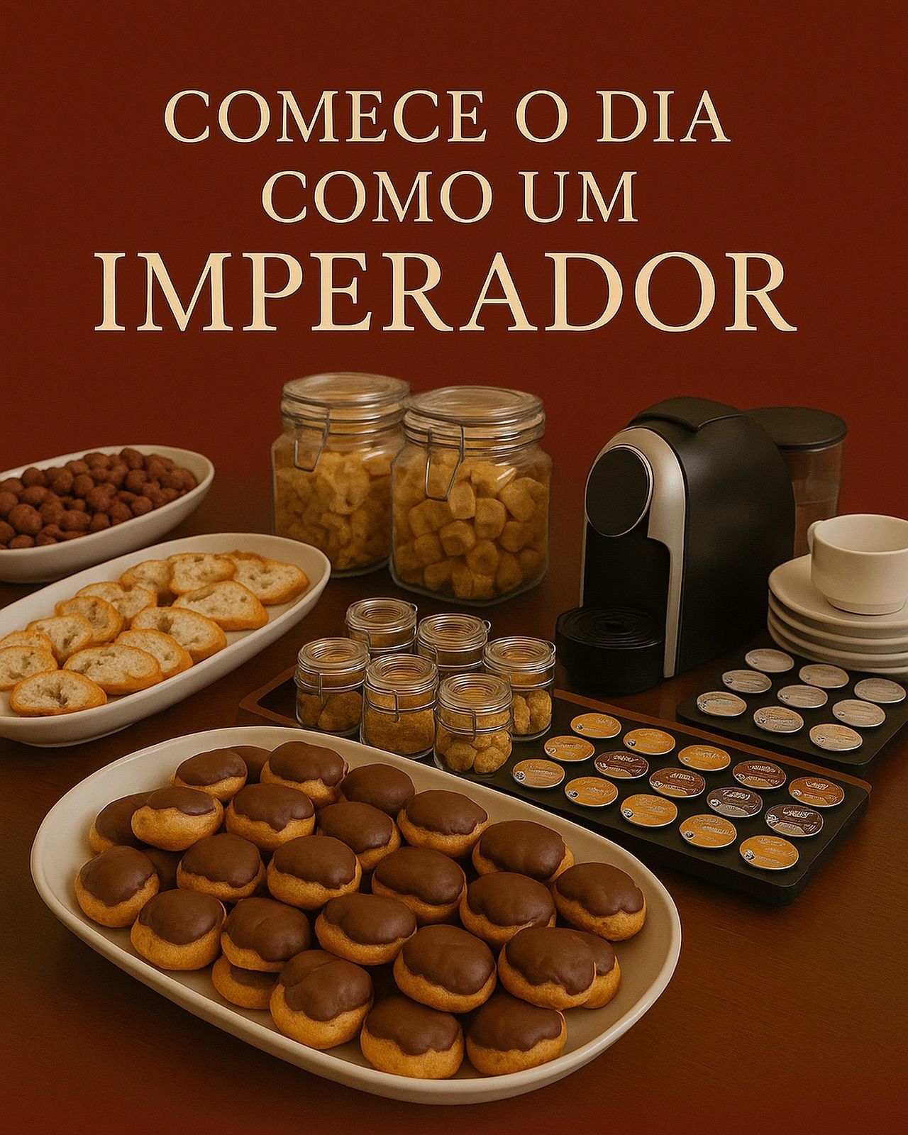 Café da manhã com guloseimas e máquina de café, com o texto “Comece o dia como um Imperador”.imperador hotel