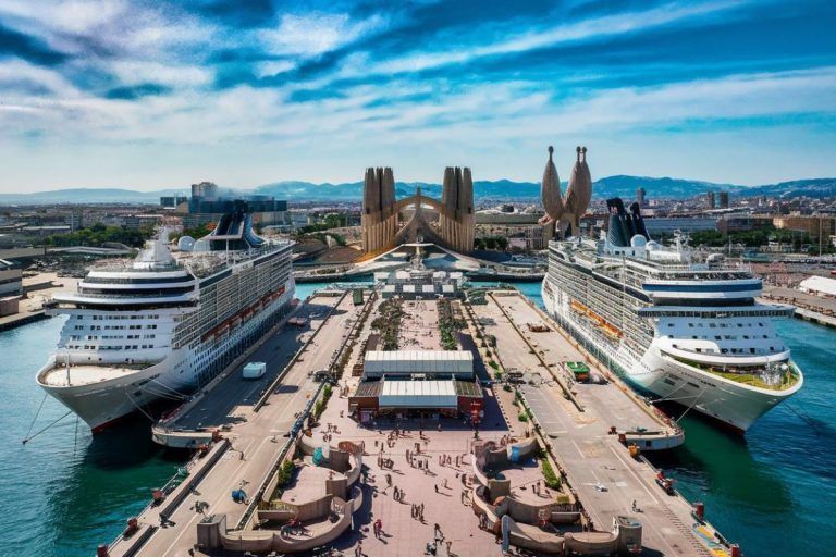 Two cruise ships docked at a port in Barcelona, Spain, with the Sagrada FamΓlia in the background under a blue sky.