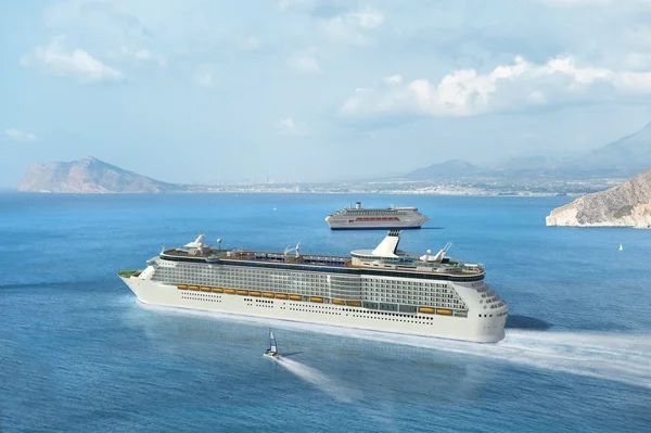 Two cruise ships sailing on blue water near a coastline with mountains.
