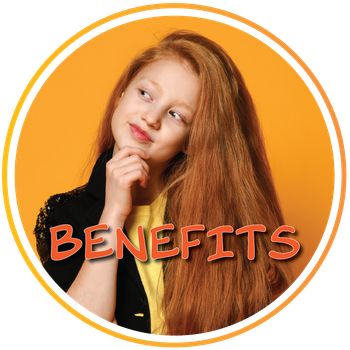 A young girl with long red hair is thinking about benefits.
