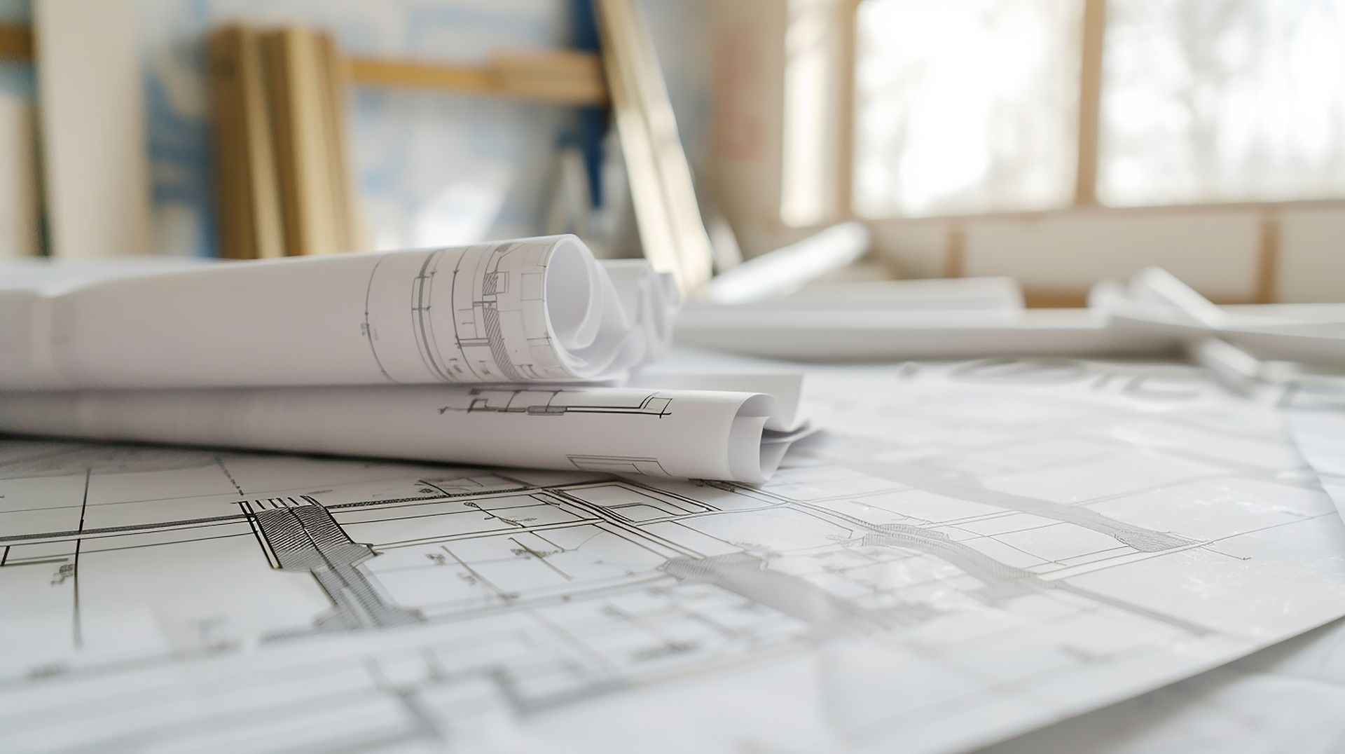 Une pile de plans posée sur une table.