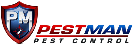 The logo for pm pestman pest control has a shield on it.