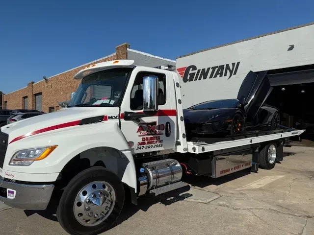 White tow truck with black Lamborghini on its flatbed in front of Gintani auto shop.