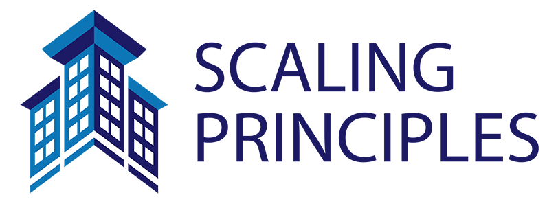 Logo with stylized buildings and the words "SCALING PRINCIPLES" in blue.