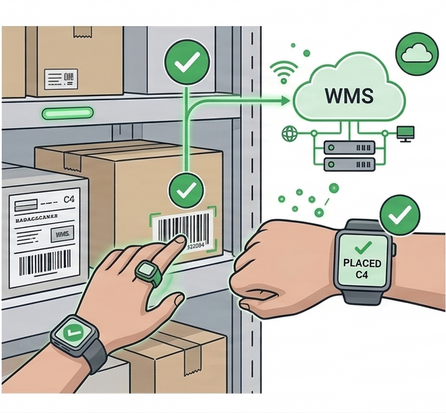 Hands-free barcode scanning for accurate item placement and inventory validation in warehouse operations
