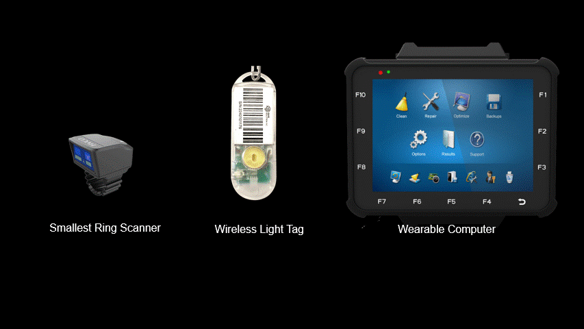 Ring scanner, wireless light tag, and wearable computer for warehouse operations, enabling IoT-based picking and real-time logistics tracking.