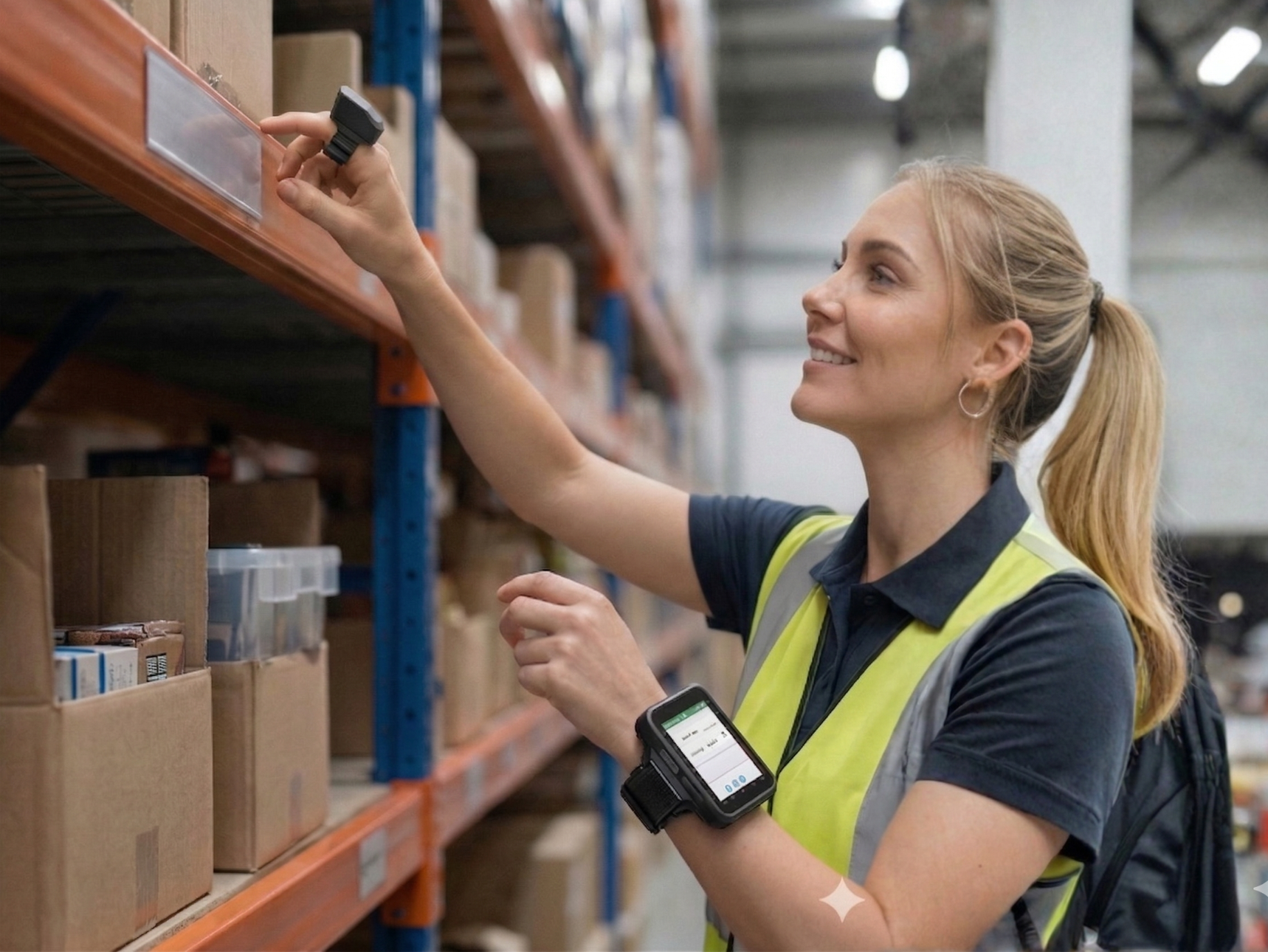 Warehouse worker using wearable scanning technology for hands-free picking and workflow efficiency