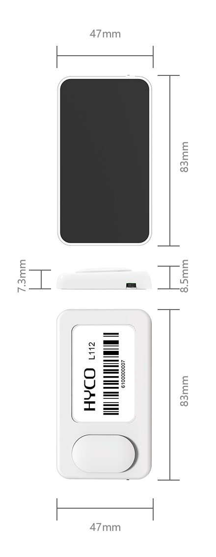 A picture of a L112 Button-On
Wireless Light Tag with measurements on it.