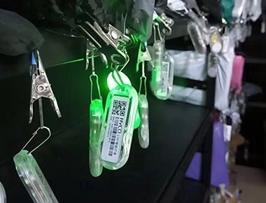 A person is holding a bunch of (L102 Chargeable Wireless Light Tag) with green lights attached to them.