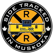 A logo for side tracked in muskoka with a yellow train