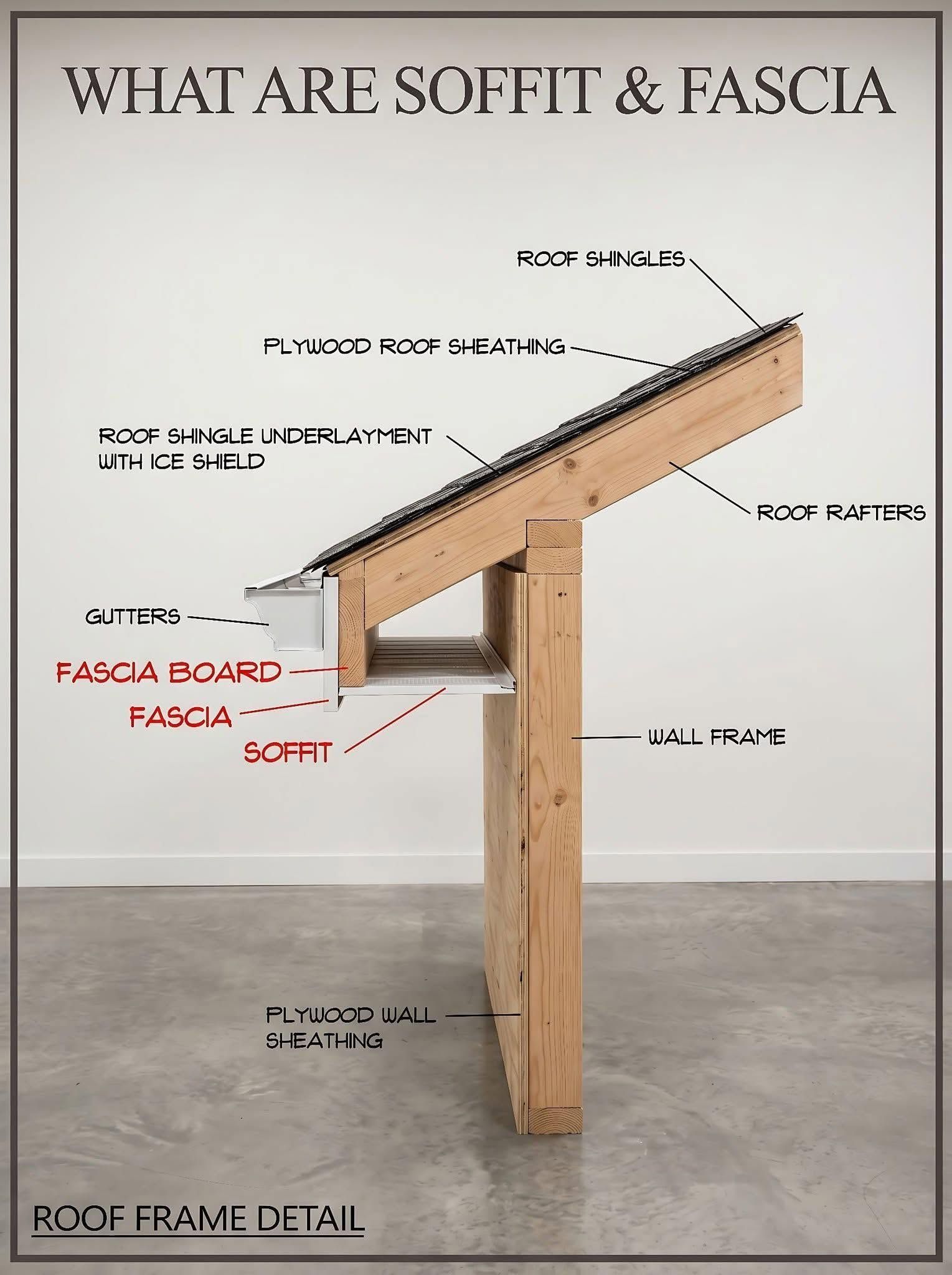 Roof frame detail diagram showing a slanted wood roof section and support post with labels on a white wall.