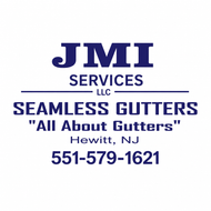 JMI Services logo for Seamless Gutters, “All About Gutters,” Hewitt, NJ, with phone 551-579-1621