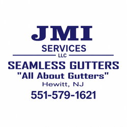 JMI Services LLC logo for seamless gutters, with “All About Gutters,” Hewitt, NJ, and phone 551-579-1621