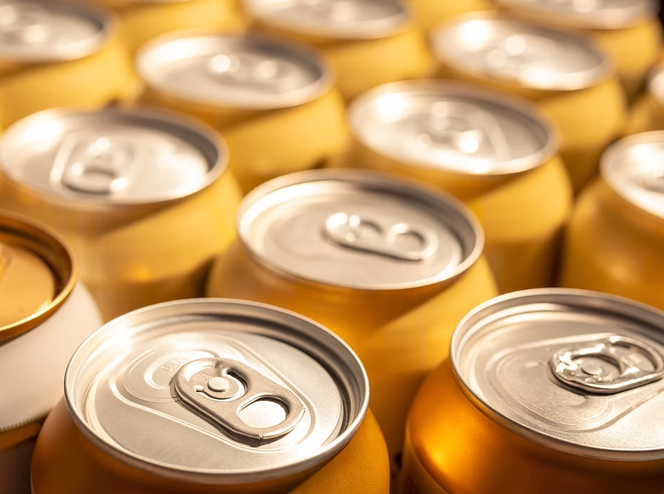 Close-up of a group of gold-colored beverage cans with silver tops.