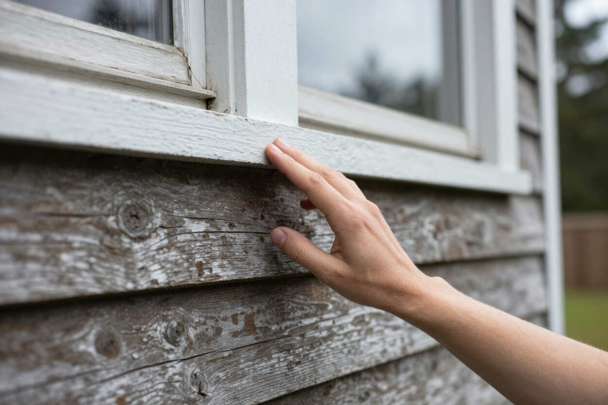 Hand inspecting weathered cedar siding near window trim