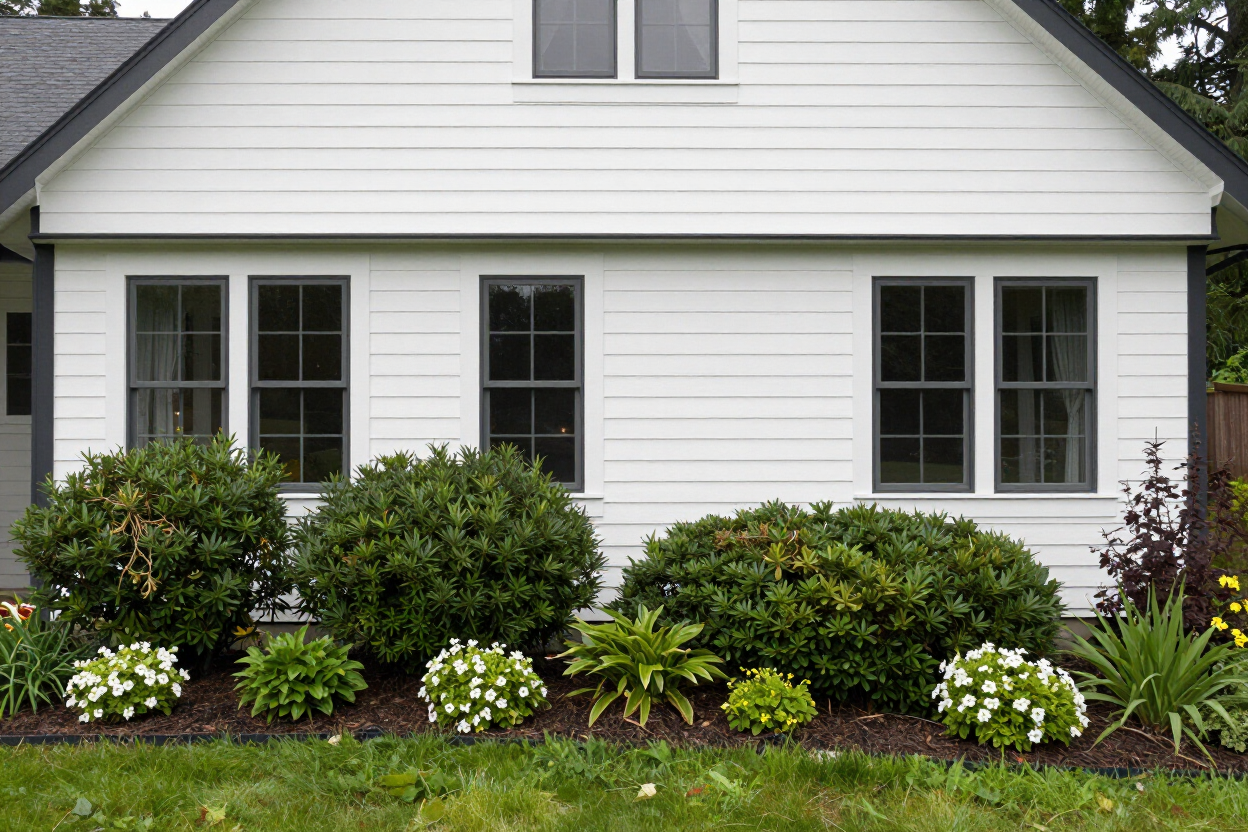 Ranch-style home with white vinyl lap siding and dark window trim