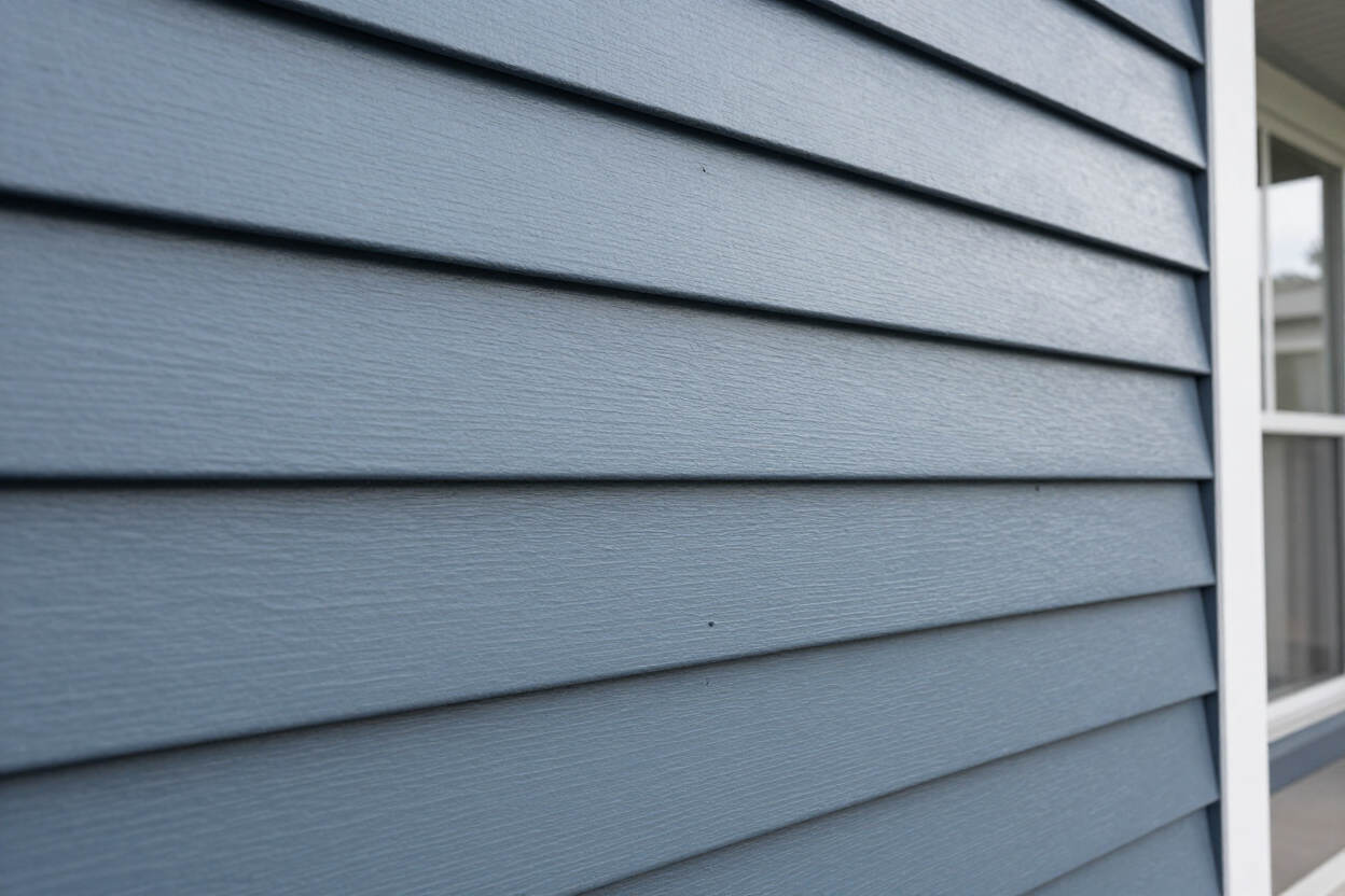 Fiber cement lap siding panels in slate blue-gray finish