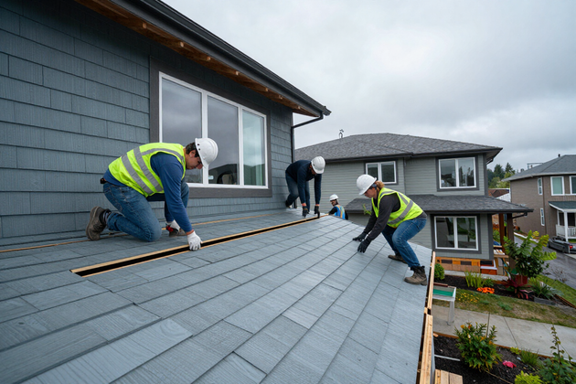 Crew installing horizontal lap siding on a new construction home in a Northwest neighborhood.