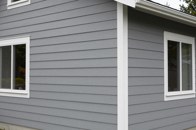Clean fiber cement lap siding on a modern Pacific Northwest home with soft gray finish.