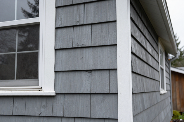 Close-up of siding repair work near a window on a Northwest residential exterior.