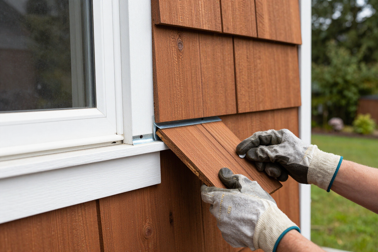 Siding repair near a window on a Pacific Northwest home.