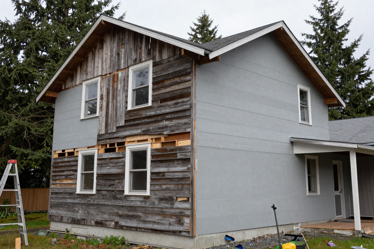 Siding replacement in progress on a Bellingham-area home.