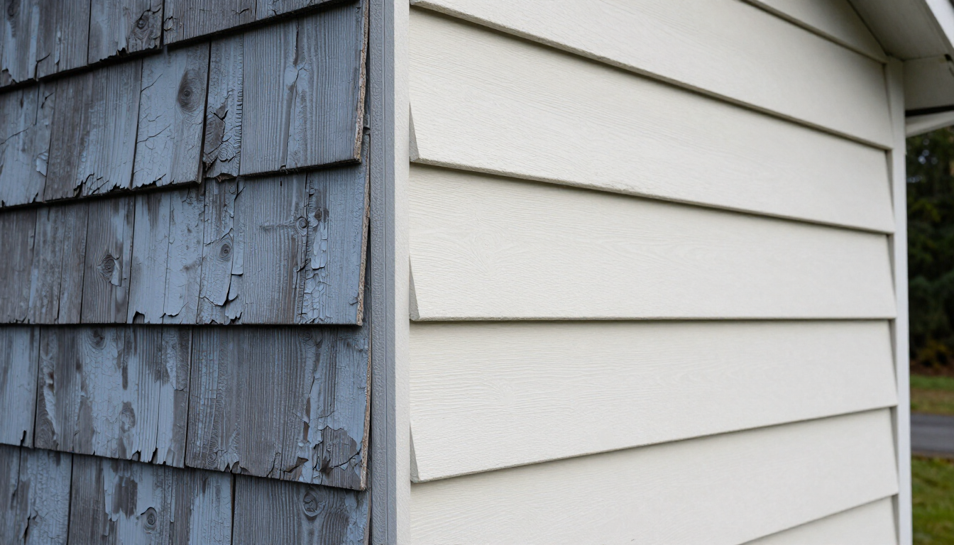 Old deteriorated siding next to new lap siding installation