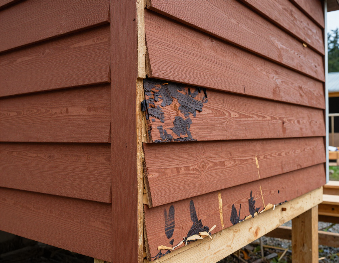 Removed cedar siding panel revealing moisture-damaged sheathing beneath