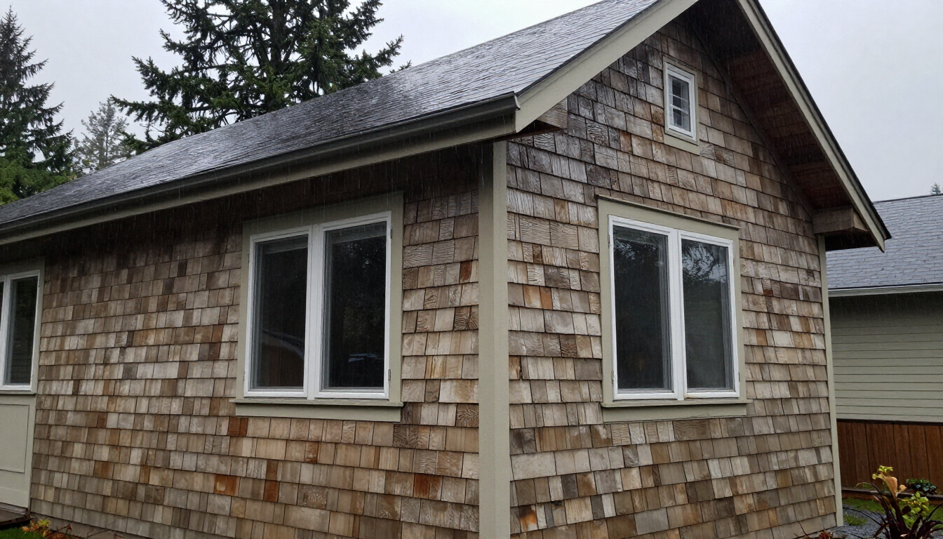 Pacific Northwest home exterior in the rain showing wet lap siding with a small area of deterioration near a window