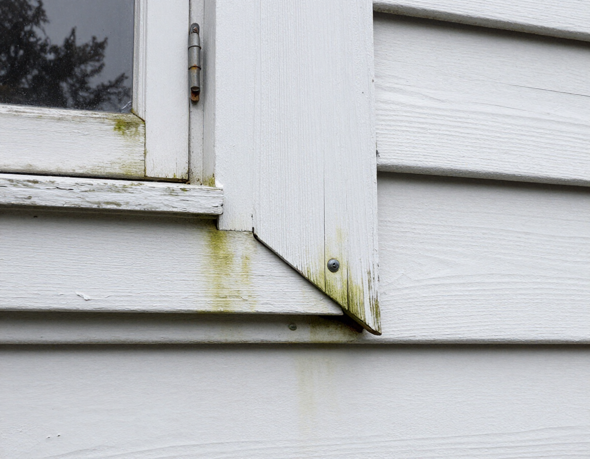 Deteriorated caulking and lifted trim at window corner on lap siding