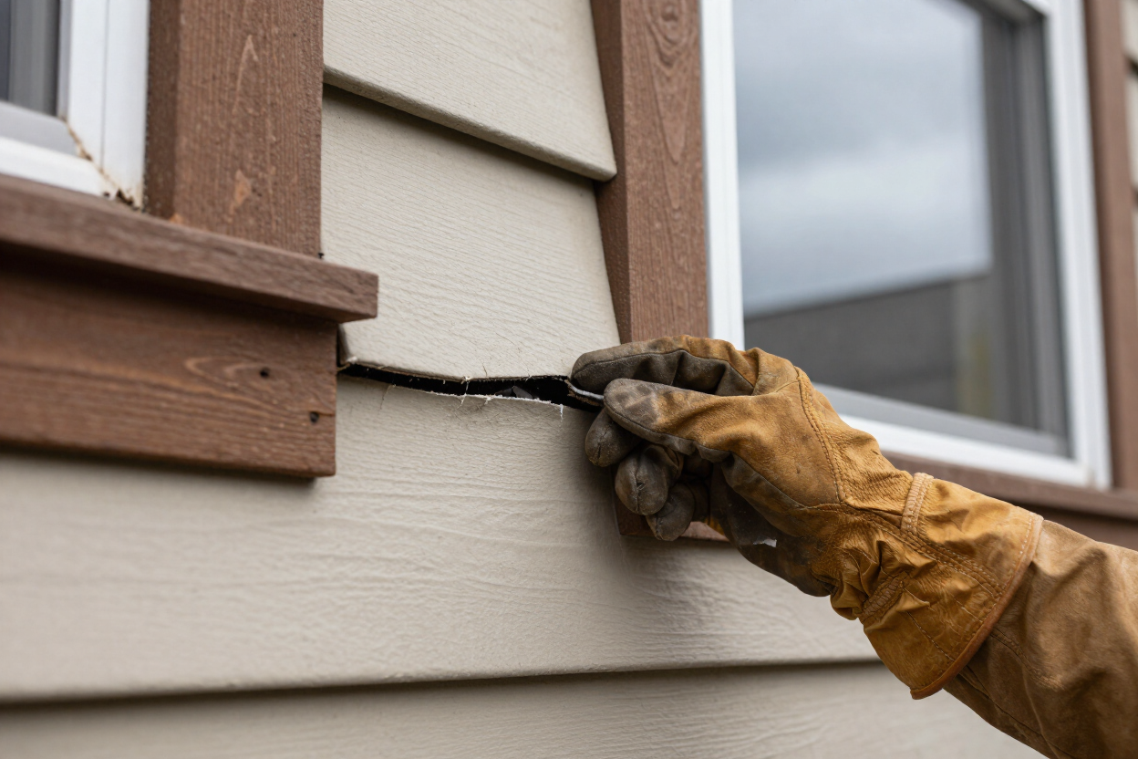 Siding repair inspection near a window frame on a Bellingham home.