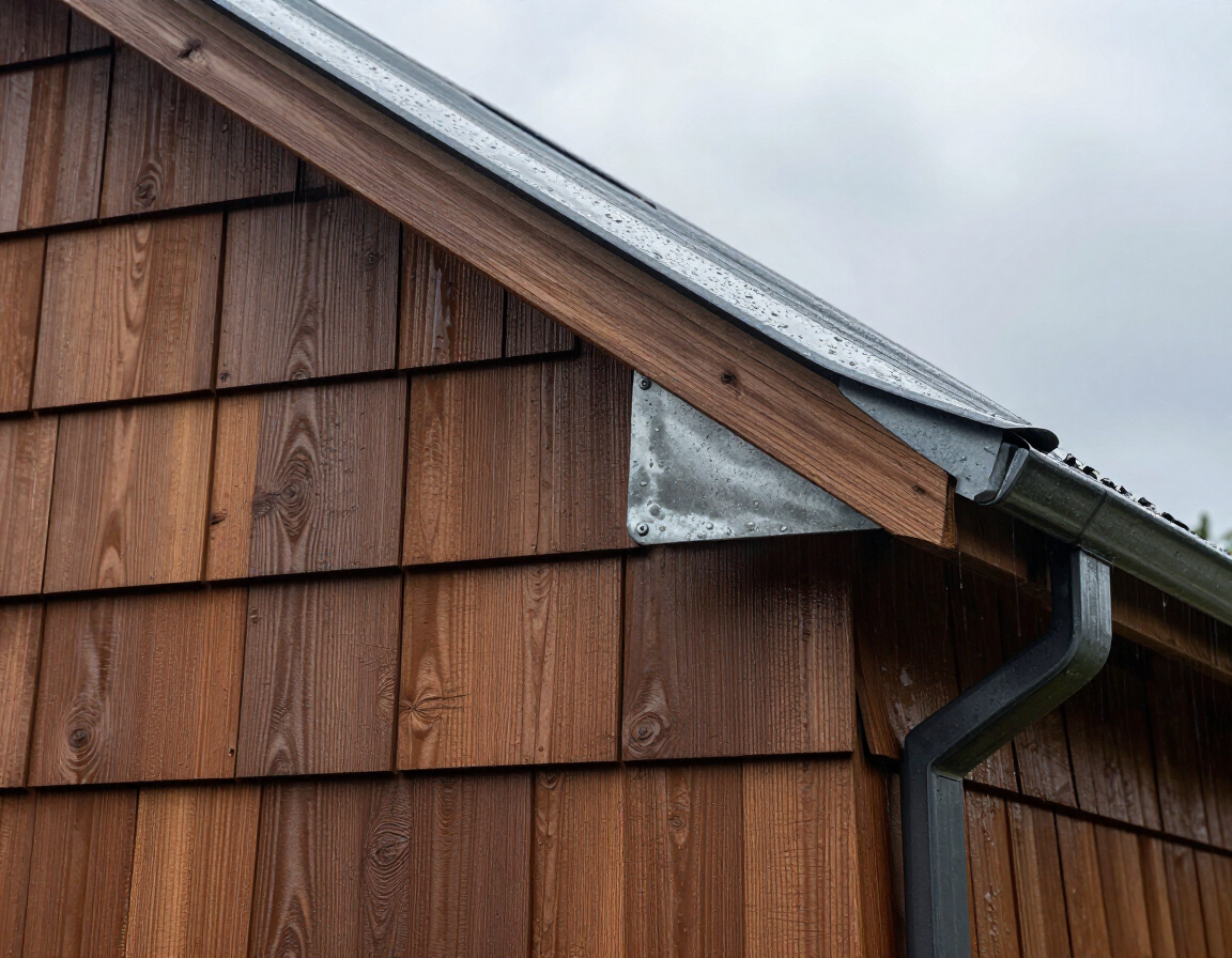 Rain falling on properly installed lap siding with flashing detail in Western Washington.