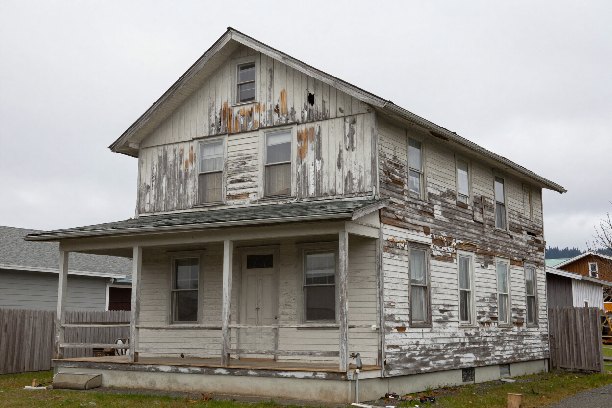 Home with deteriorating siding ready for replacement in Bellingham, WA.