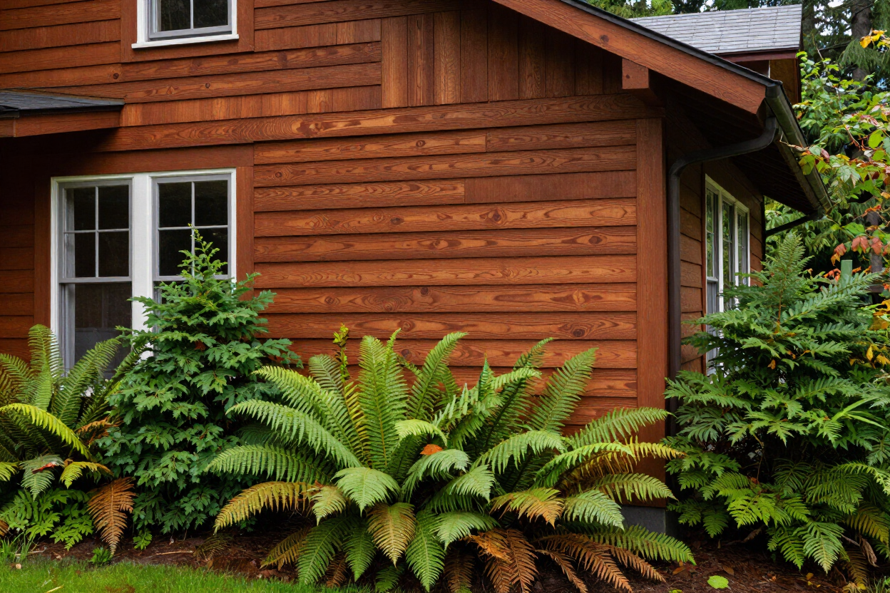 Cedar wood siding on a Pacific Northwest home surrounded by evergreen landscaping.