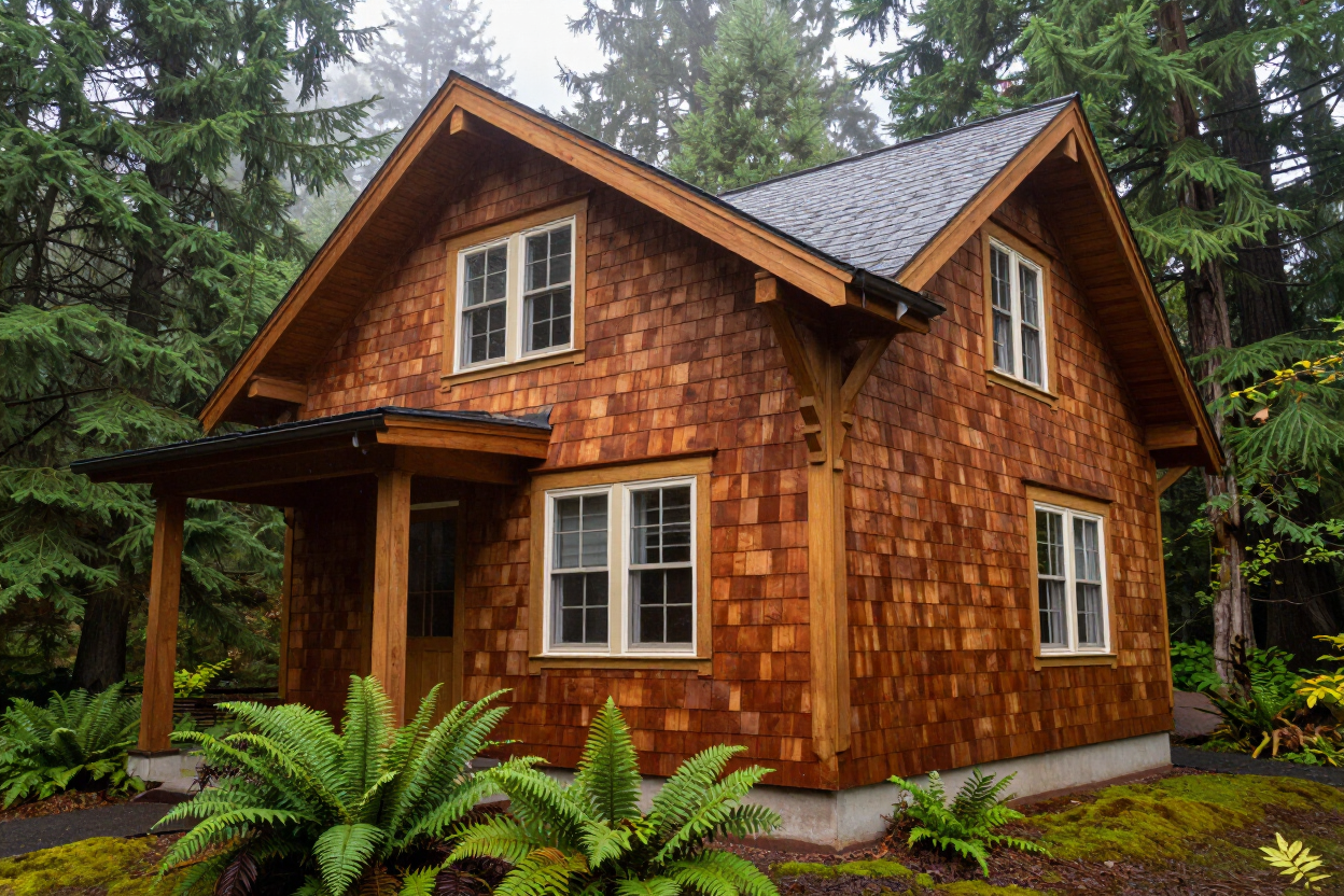 Natural cedar siding on a Craftsman bungalow in Western Washington.
