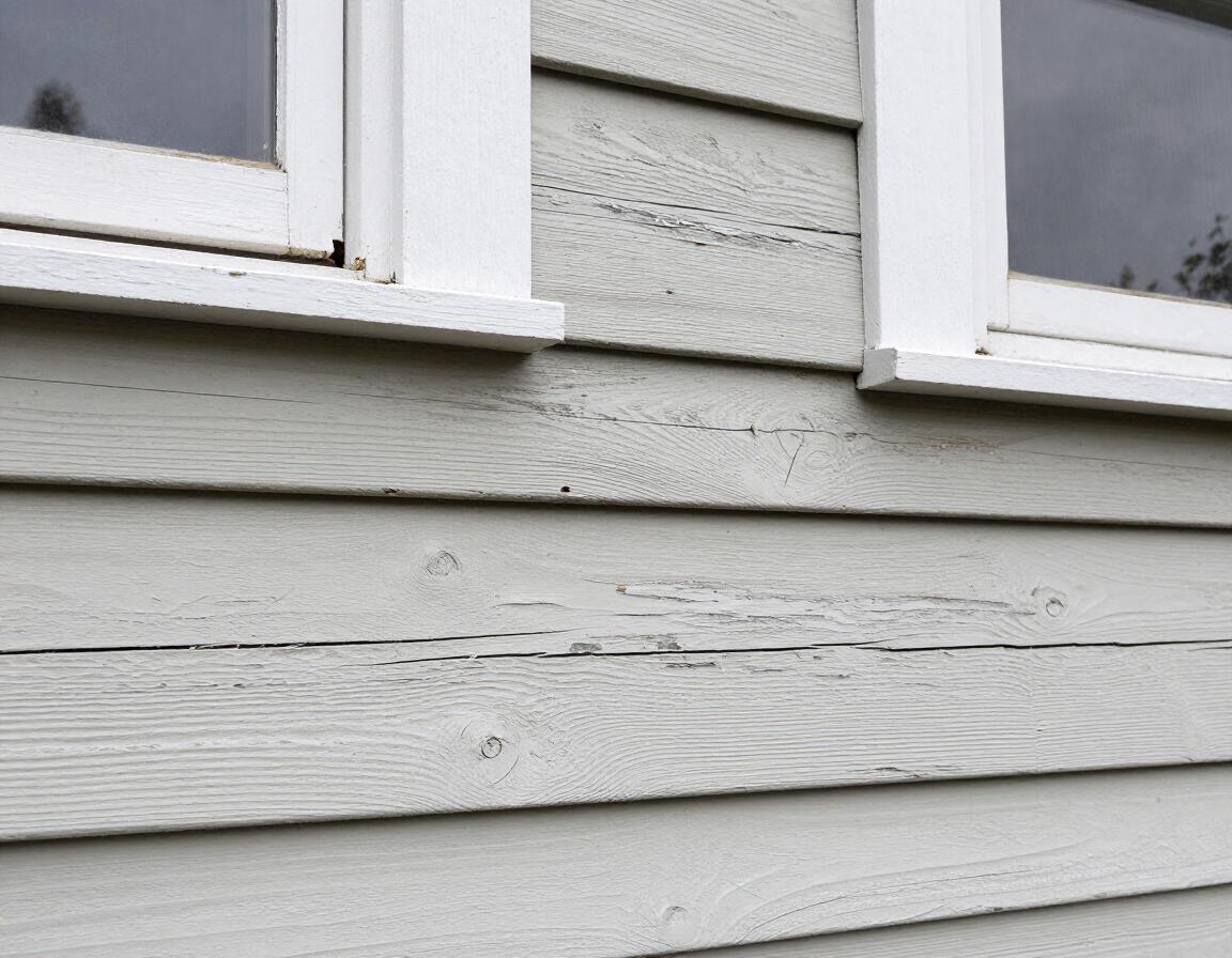Close-up of aging wood siding near window trim showing finish wear on a Northwest home