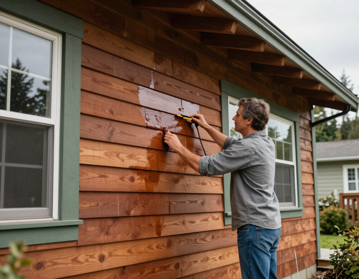 Applying stain finish to cedar siding on a Pacific Northwest home