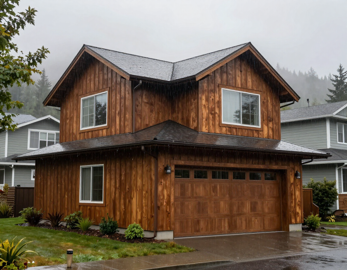 Wood siding on a Bellingham home on a rainy Pacific Northwest day