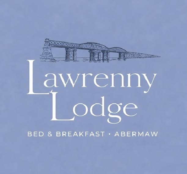 Lawrenny Lodge Bed & Breakfast logo on a pale blue background, with a bridge illustration above the text