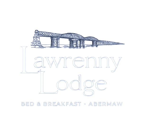 Logo for Lawrenny Lodge Bed & Breakfast, with a blue sketch of a bridge and faint text “Abermaw”