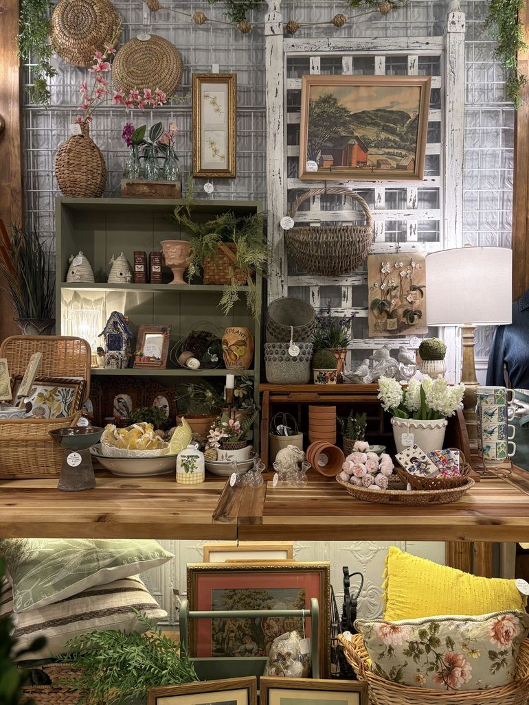 Home Decor Decorative tabletop display with various items.
