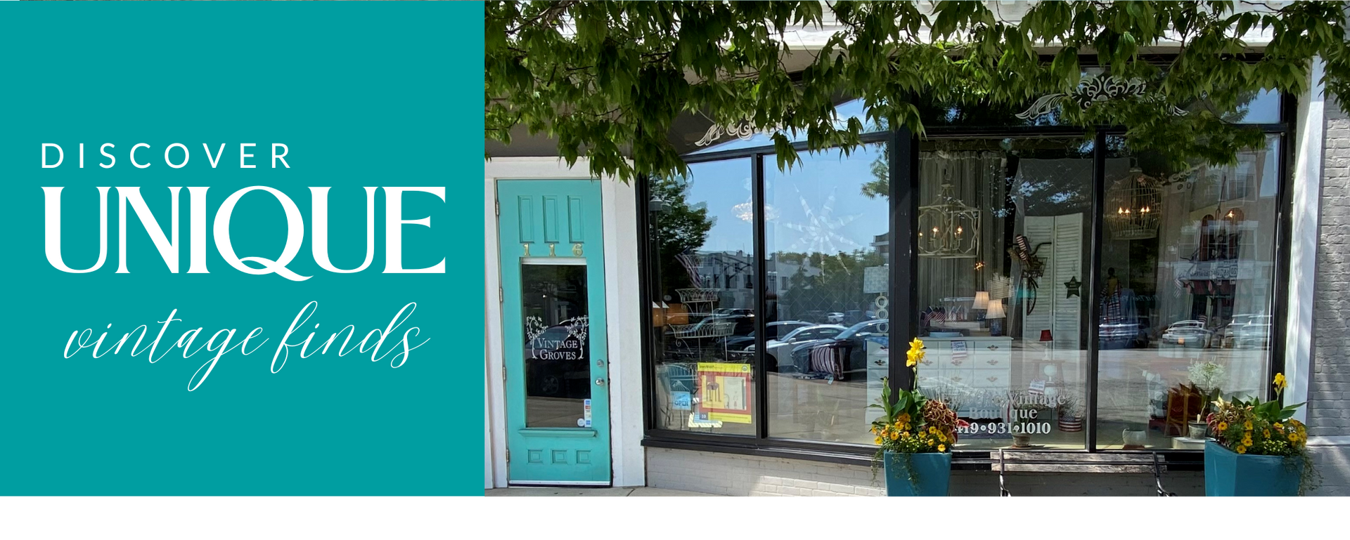 Storefront with a teal “Discover Unique” sign and large windows showing a boutique interior