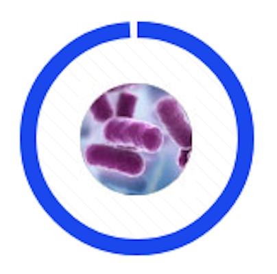 Blue circular progress ring around a microscope view of purple bacteria cells on a pale background