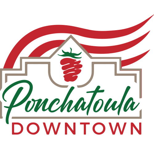 A logo for ponchatoula downtown with a tomato on top of a building.