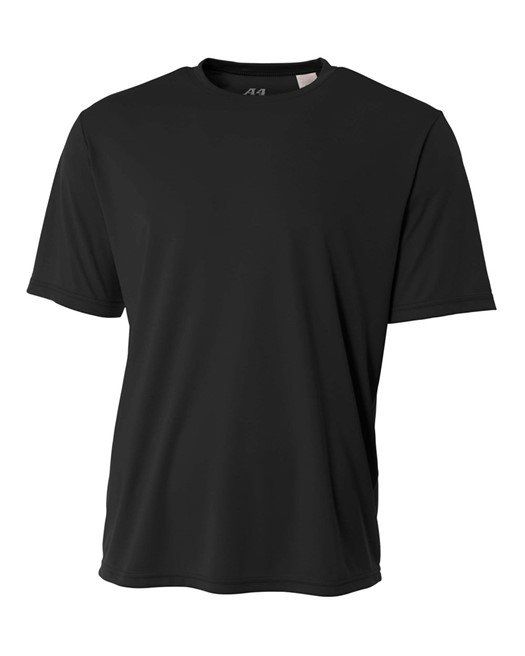 Black short-sleeved t-shirt, plain design.