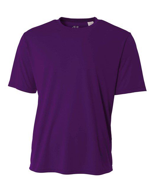 Purple short-sleeved t-shirt, plain, crew neck, fabric texture visible.
